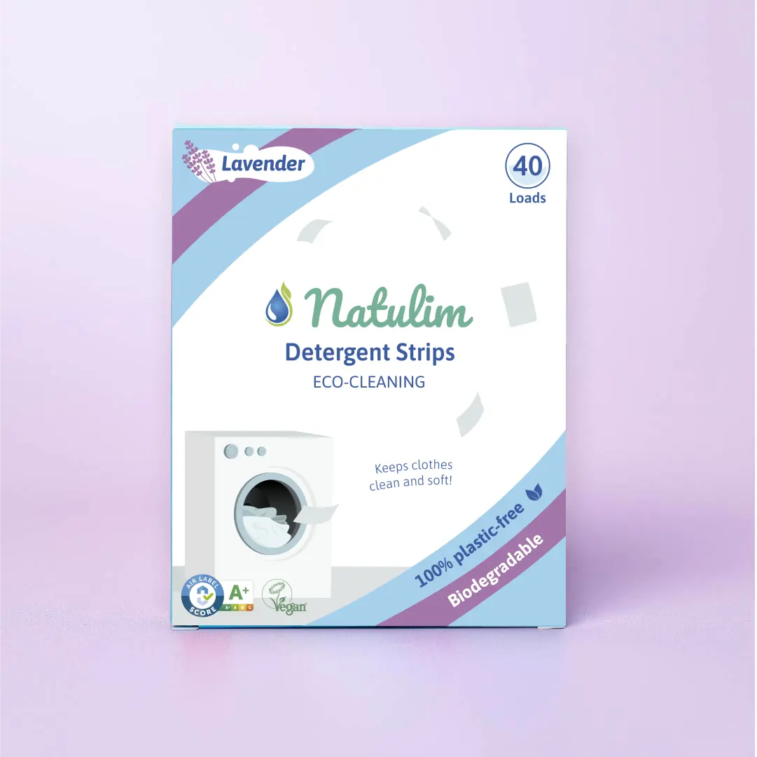 A box of Natulim Detergent Strips with the text 'Eco-Cleaning' on the packaging, indicating 40 loads and floral fragrance, with logos of vegan and cruelty-free certification.